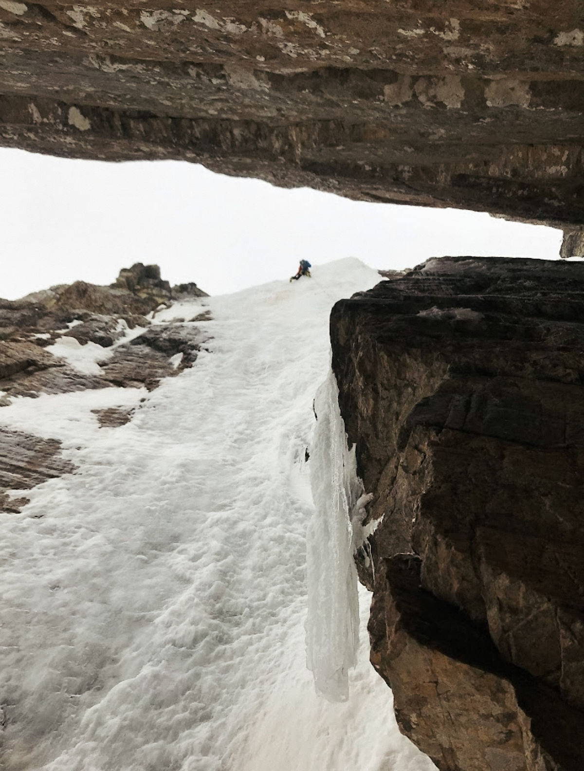 Crux ice pitch from below, part of the climb up Canmore Wedding Party.