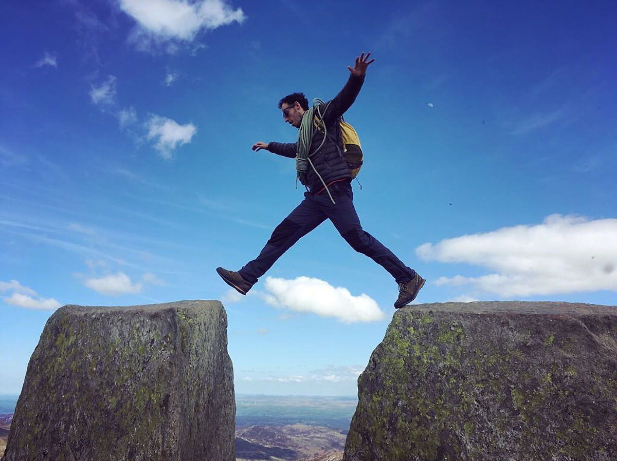 Jumping between Adam and Eve on Tryfan in Ogwen North Wales