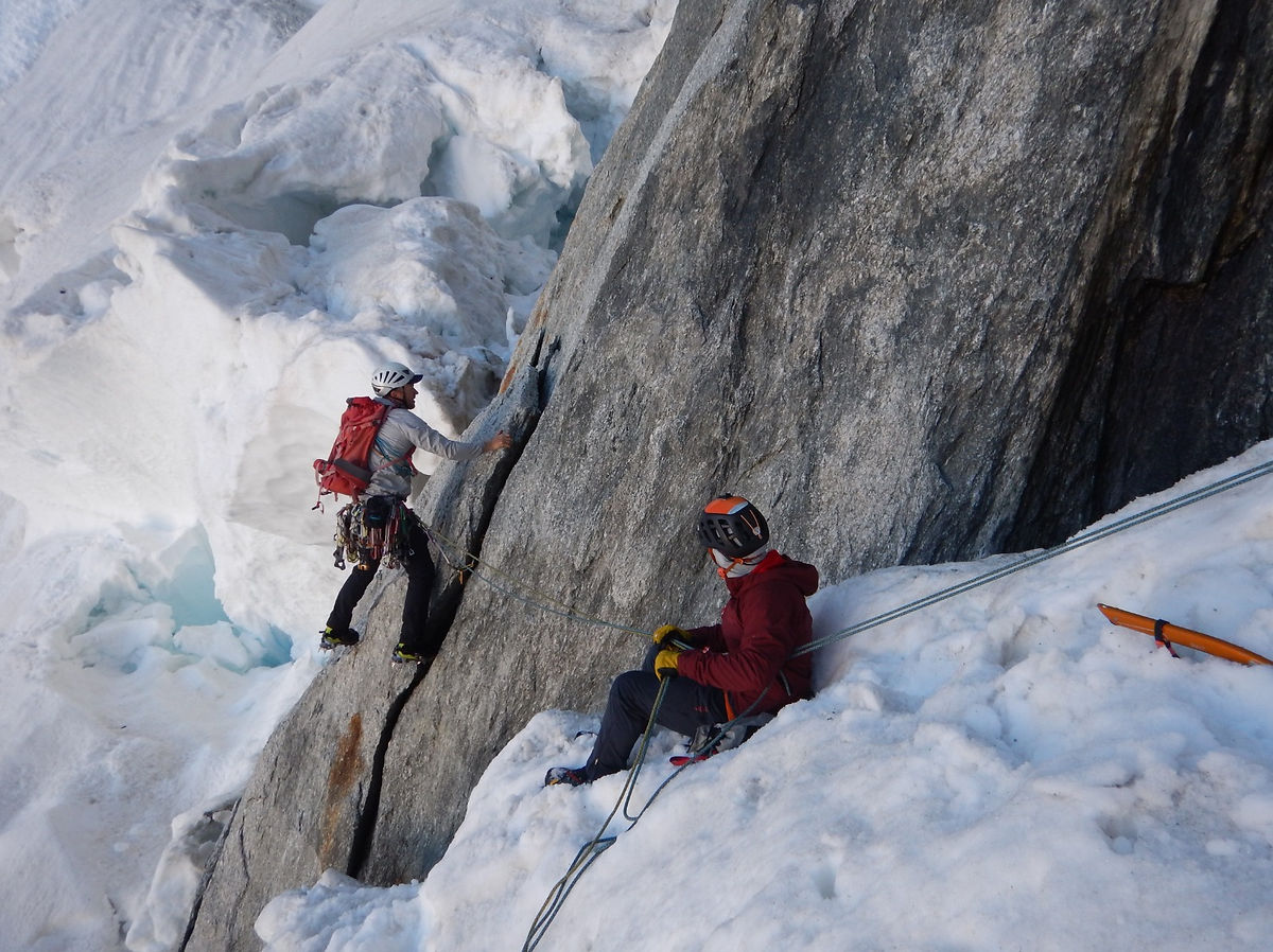 climbing the first pitch on Gervasutti pillar mt blanc