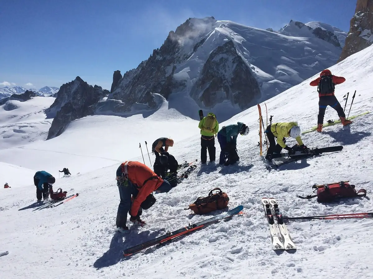 Skiers getting ready to descend the valley Blanche. Mont Blanc in the background